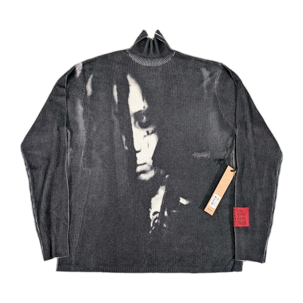 Ksubi Sweater Mens Small‎ Black Gray Tripe Knit Pullover Royalty Heroism Graphic